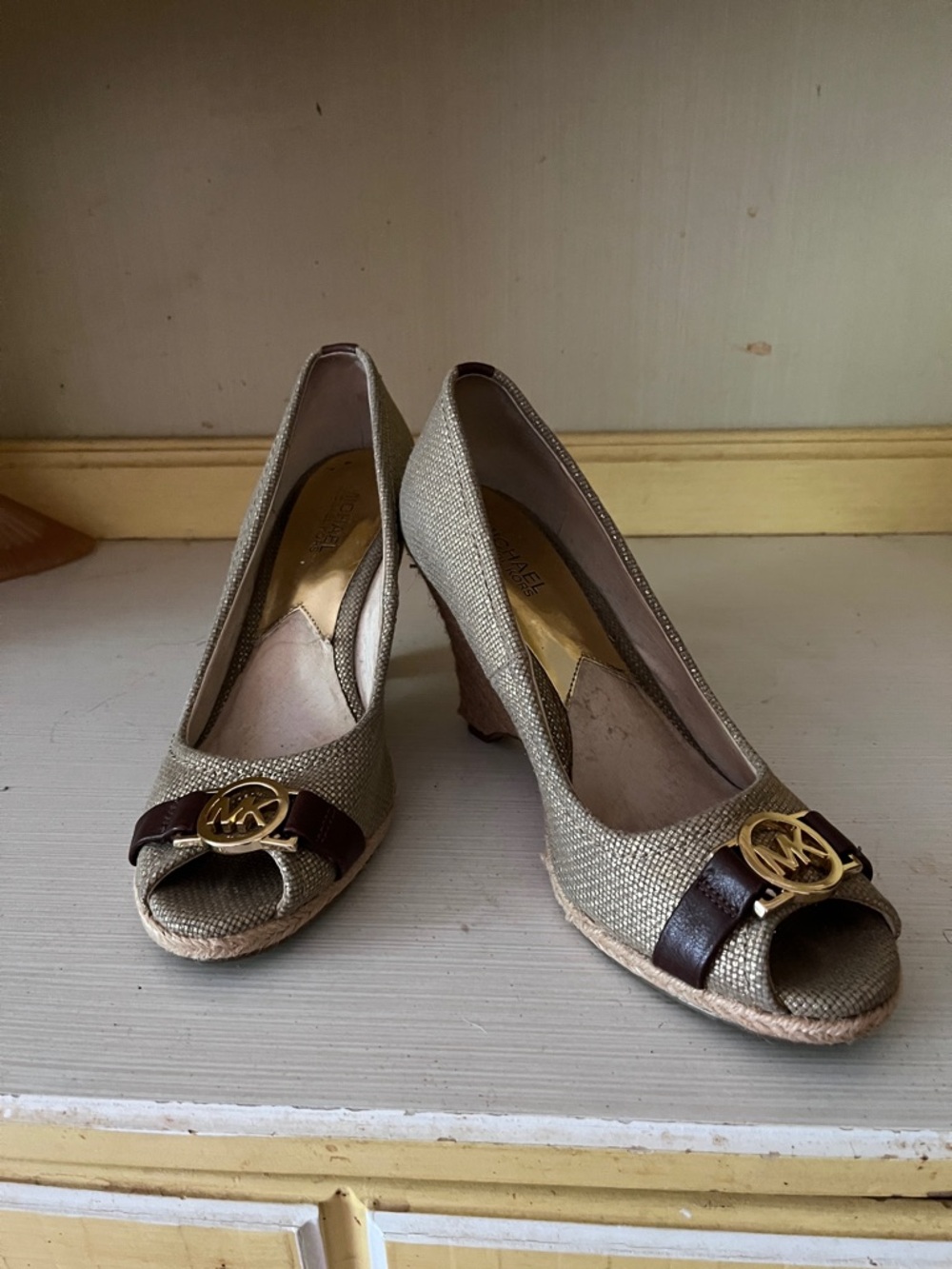 Michael Kors Beige Espadrille Peep-Toe Heels with Brown Trim and Gold MK Accent